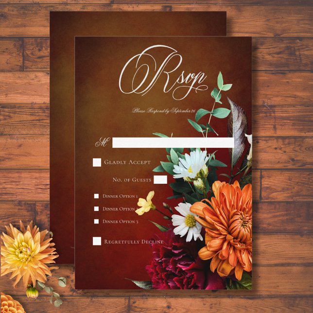 Cartão RSVP Janto de Casamento Floral Sunset de Verão Escuro E (Dark Elegant Summer Sunset Floral Wedding Dinner RSVP Card)