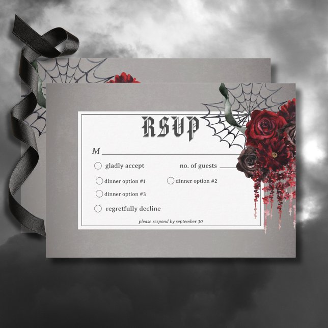 Cartão RSVP Janto de Casamento Floral Vermelho com Amor e Osso (Love & Bones Spooky Red Floral Wedding Response Card with Dinner Options)