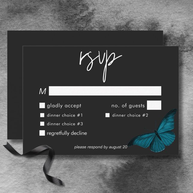 Cartão RSVP Janto de Casamento Mínimo de Teal Moth Escuro (Dark Moody Minimal Teal Moth Wedding Dinner RSVP Card)