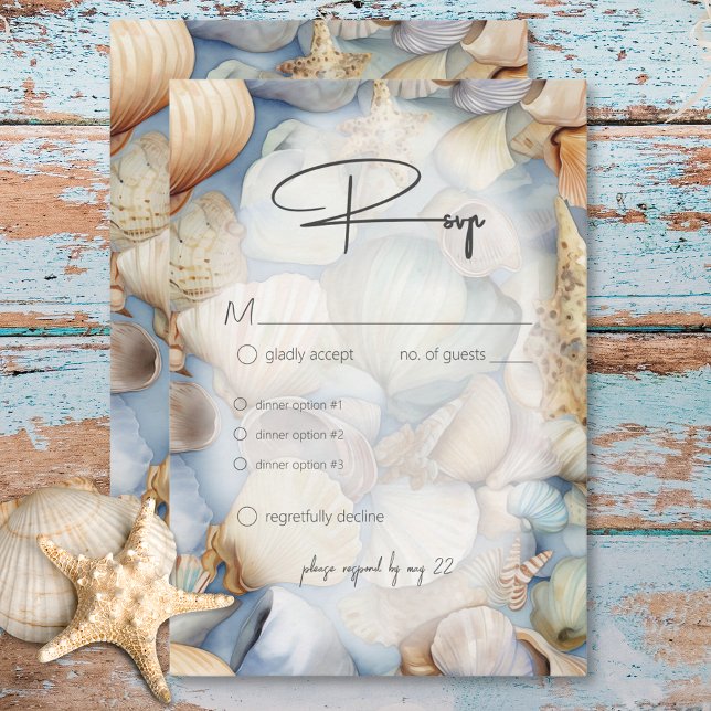 Cartão RSVP Janto de Casamento Moderno da Cena de Capas Tropic (Tropical Seashells Scene Modern Wedding Dinner RSVP Card)