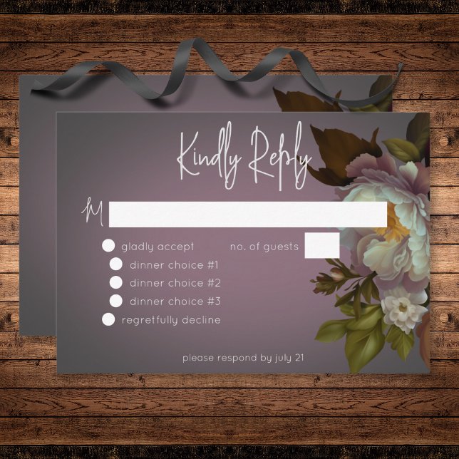 Cartão RSVP Janto de Casamento Moderno Floral de Mauve Moody D (Dark Moody Mauve Floral Modern Wedding Dinner RSVP Card)
