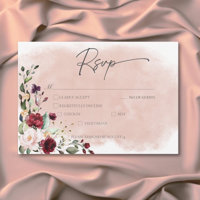 Cartão RSVP Janto de Casamento Rustic Burgundy & Blush Pink Ro (Rustic Burgundy & Blush Pink Roses Wedding Dinner RSVP Card)