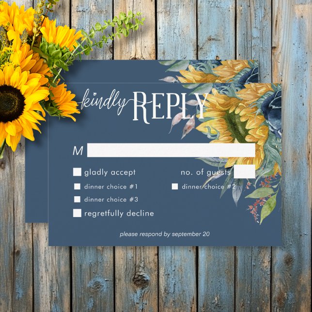Cartão RSVP Janto de Casamento Rustic Dusty Blue Sunflower (Rustic Dusty Blue Sunflowers Wedding Dinner RSVP Card)