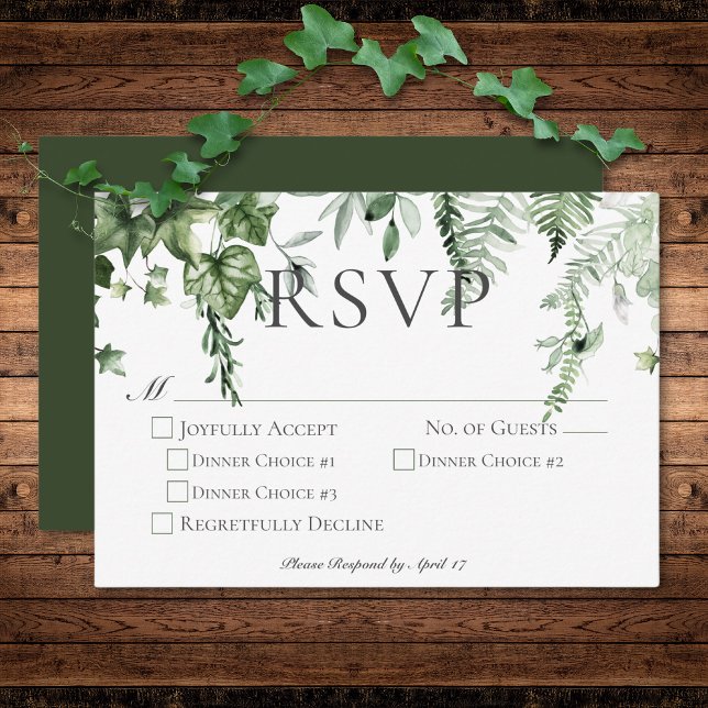 Cartão RSVP Janto de Casamento Verde Rustic Ivy & Sage Greener (Rustic Ivy & Sage Greenery Green Wedding Dinner RSVP Card)