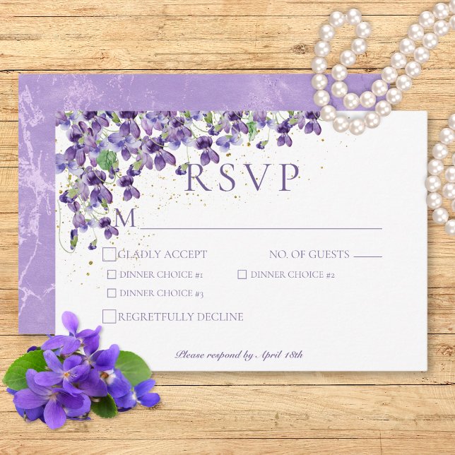 Cartão RSVP Janto de Casamento Violetas de Cor de Água Púrpura (Purple Watercolor Violets Wedding Dinner RSVP Card)