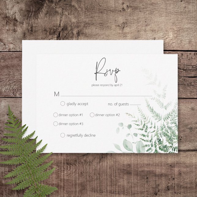 Cartão RSVP Janto Delicate Greenery Ferns (Elegant Delicate Greenery Ferns Wedding Response Card with Dinner Options)