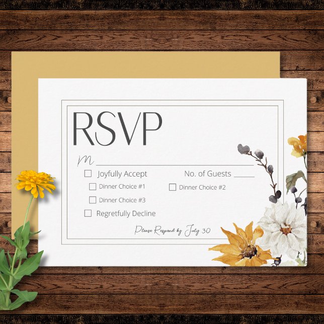 Cartão RSVP Janto Dourado Flores Amarelas do Ouro Boho (Boho Golden Yellow Meadow Flowers Gold Dinner RSVP Card)