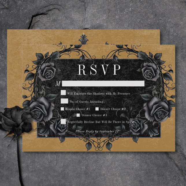 Cartão RSVP Janto Dourado Gótico Rosas Pretos Raven e Preto (Gothic Black Raven & Black Roses Gold Dinner RSVP Card)