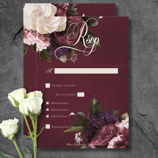 Cartão RSVP Janto Floral Dark Elegant Burgundy & Cream (Dark Elegant Burgundy & Cream Floral Dinner RSVP Card)