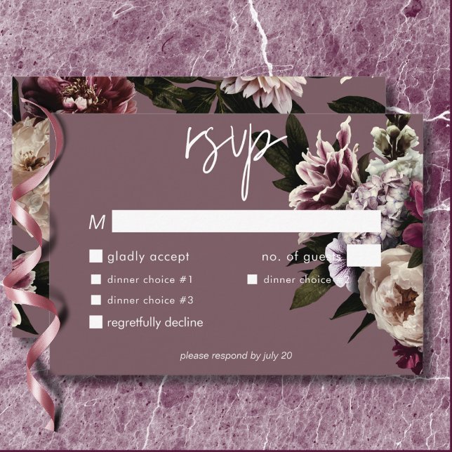 Cartão RSVP Janto Floral Modern Burgundy & Cream Peonies (Modern Burgundy & Cream Peonies Floral Dinner RSVP Card)