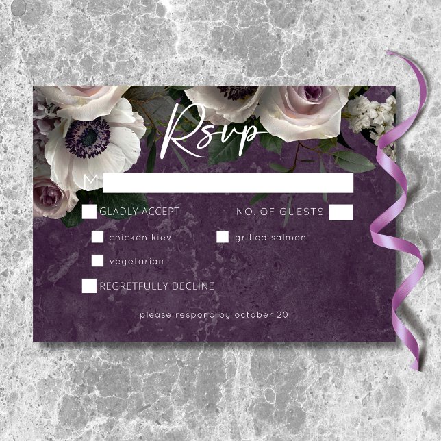 Cartão RSVP Janto Floral Moderno Plum Purple Elegant (Plum Purple Elegant Floral Modern Wedding Dinner RSVP Card)