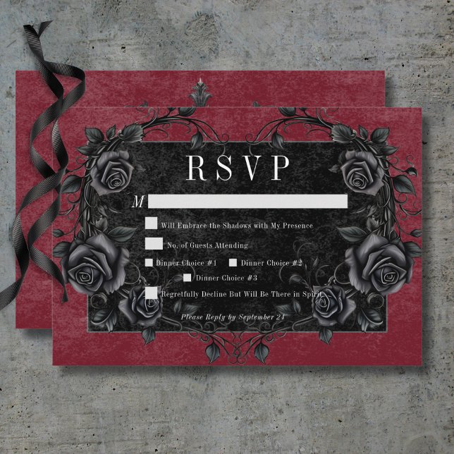 Cartão RSVP Janto Gótico de Rosas Negras Raven & Black (Gothic Black Raven & Black Roses Wine Dinner RSVP Card)