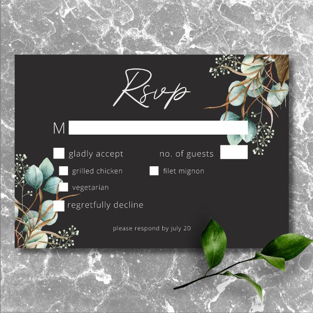 Cartão RSVP Janto Negra de Casamento de Brancos Brancos Modern (Modern Elegant White Peonies Black Wedding Dinner RSVP Card)