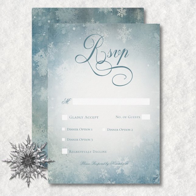 Cartão RSVP Janto Romântico de Casamento Azul e Branco da Neve (Romantic Falling Snow Blue & White Wedding Dinner RSVP Card)