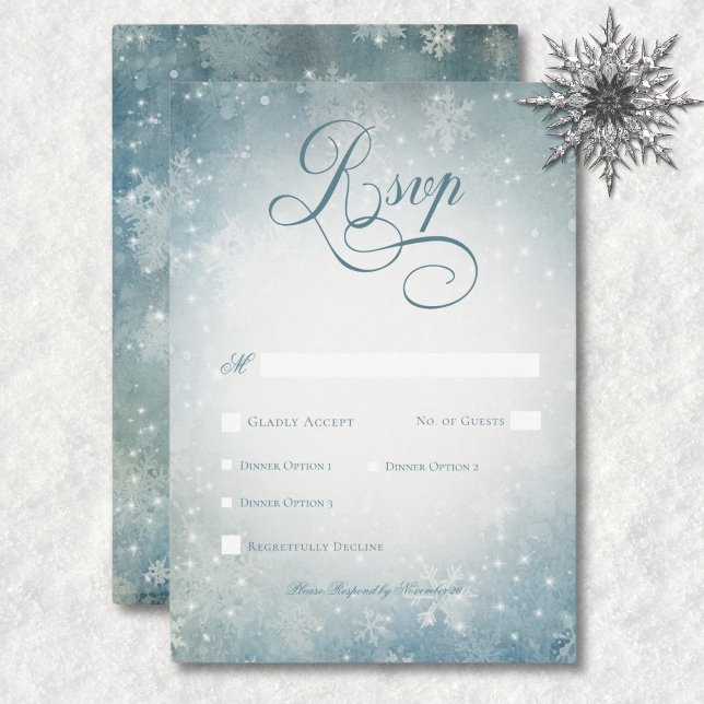 Cartão RSVP Janto Romântico de Neve Azul e Branca de Neve (Romantic Falling Snow Blue & White Sparkle Dinner RSVP Card)