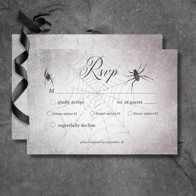 Cartão RSVP Janto Rustic Black & Burgundy Halloween (Rustic Gothic Black & Burgundy Halloween Wedding Response Card with Dinner Selection Options)