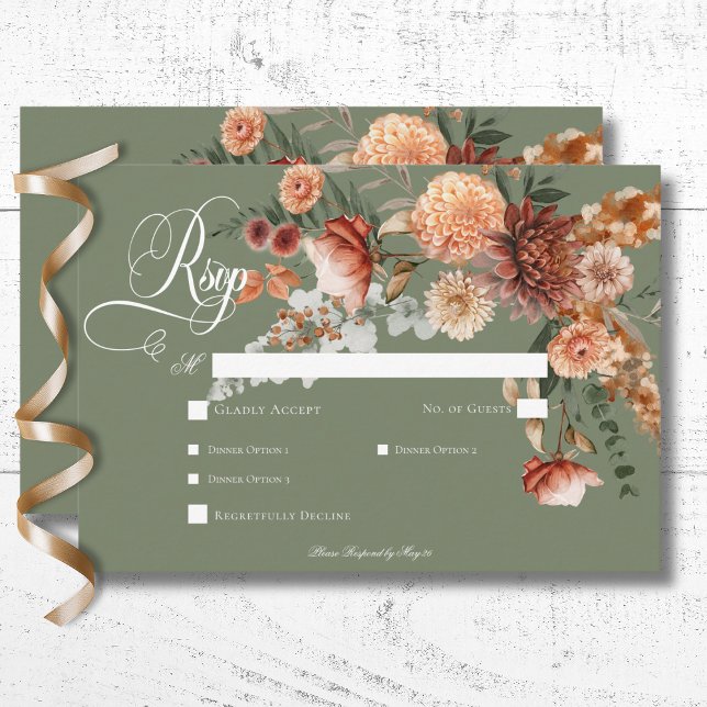 Cartão RSVP Janto Verde Boho Peach & Rust Floral Sage (Boho Peach & Rust Floral Sage Green Dinner RSVP Card)