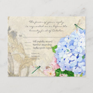 Cartão RSVP Jardim Inglês, Blue n Pink Hydrangeas Watercolor