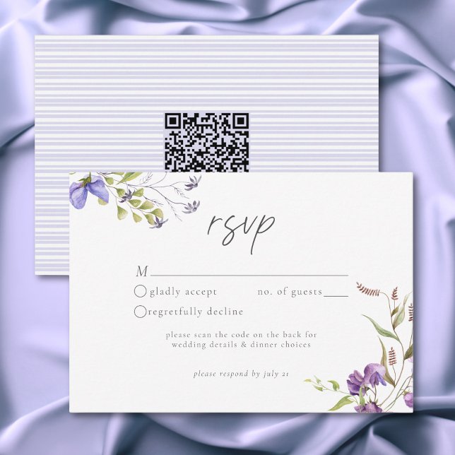 Cartão RSVP Jardim Romântico de Flores Silvestres de Lavanda C (Lavender Wildflower Garden Romantic White Wedding QR Code RSVP Card)