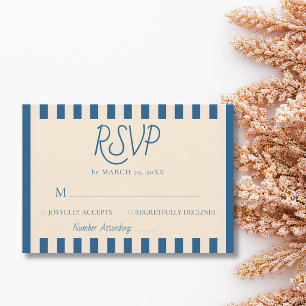 Cartão RSVP Jeans Azul e Listras de Marfim Casamento Retro Min