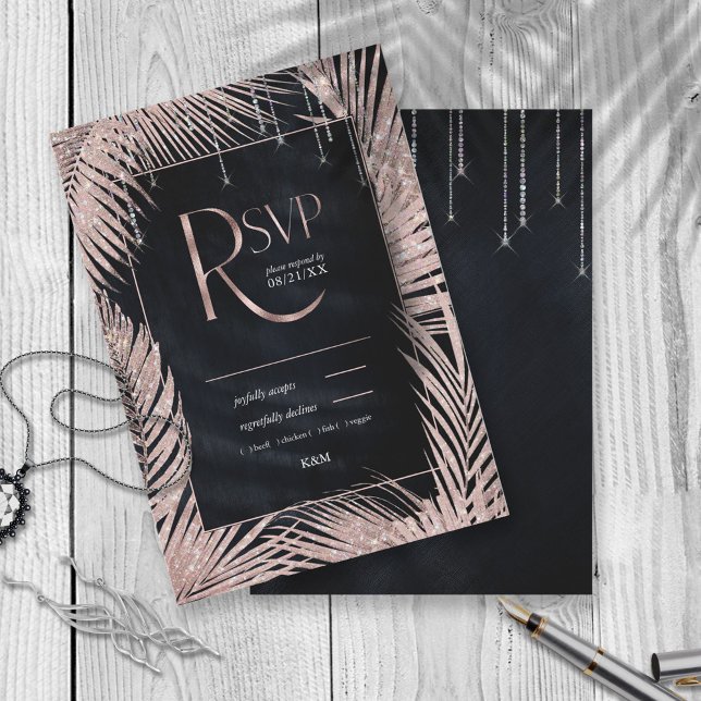 Cartão RSVP Jewel Palm Leaf Wedding Rosa Dourado/Marinho ID830 (Criador carregado)