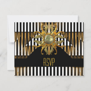 Cartão RSVP Joia Art Deco Preta Amarela com Listra Dourada RSV