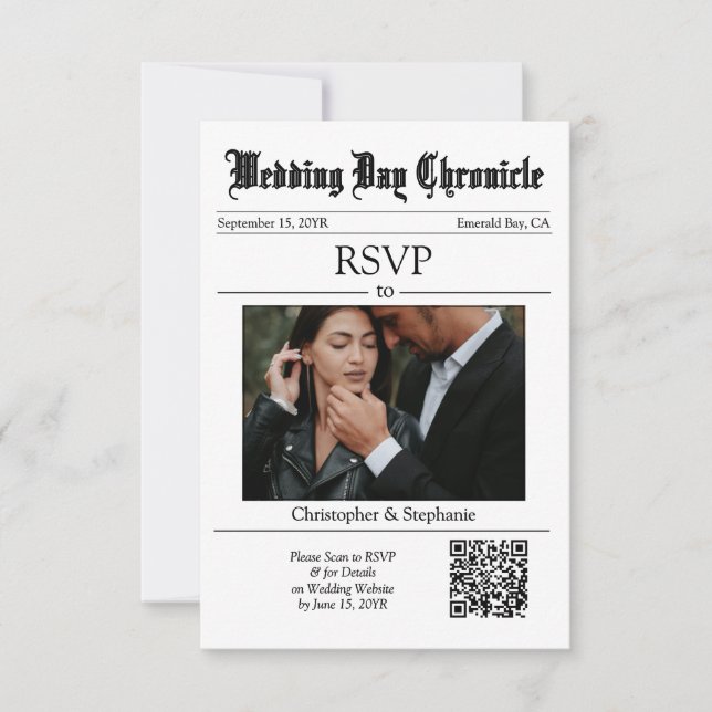 Cartão RSVP Jornal personalizado de código QR elegante minimal (Frente)