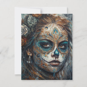 Cartão RSVP La Catrina Azul Dia de los Muertos Crânio de Açúca