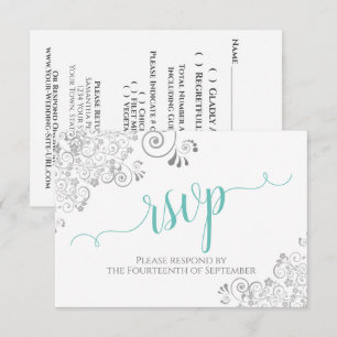 Cartão RSVP Lacy Silver & Aqua em Casamento de Script Elegante
