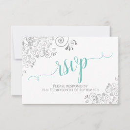 Cartão RSVP Lacy Silver & Aqua em Casamento de Script Elegante