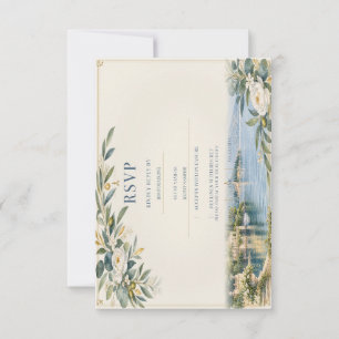 Cartão RSVP Lago de Como Azul e Dourado Sutil