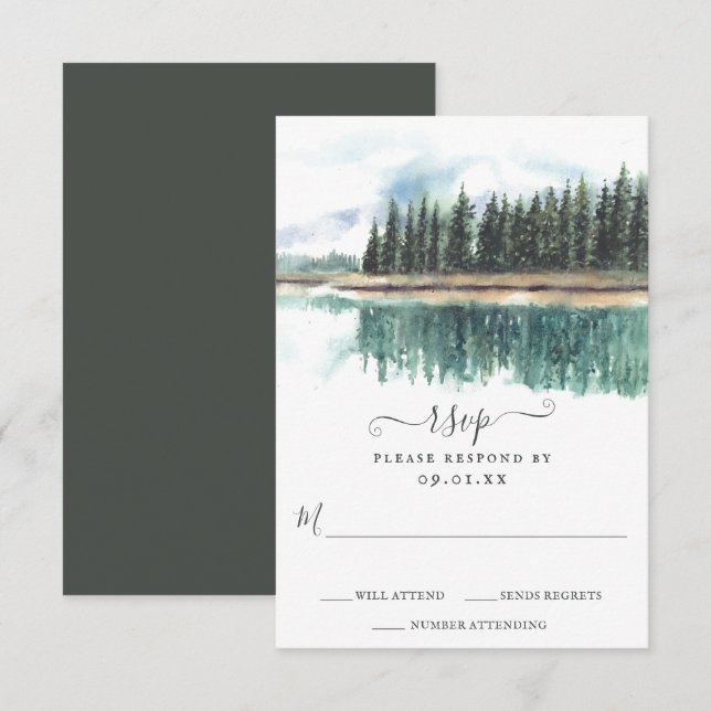 Cartão RSVP Lago Rustic Watercolor | Montanha Lake Wedding (Frente/Verso)