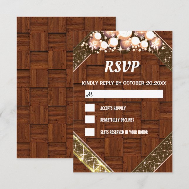 Cartão RSVP Lâmpada Brilhante Dourada De Madeira Cintilante (Frente/Verso)