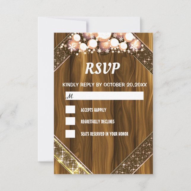 Cartão RSVP Lâmpada Brilhante Dourada De Madeira Cintilante (Frente)