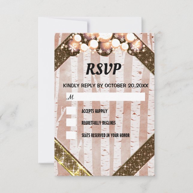 Cartão RSVP Lâmpada Brilhante Dourada De Madeira Sística (Frente)