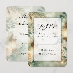Cartão RSVP Lâmpada de Casamento Verde Salvia e Rosa de Marfim