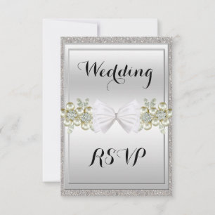 Cartão RSVP Lantejoulas Prateadas e Joias Florais Glitter Bow 
