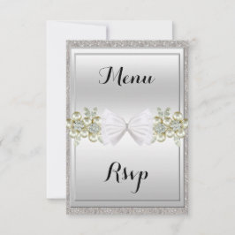 Cartão RSVP Lantejoulas Prateadas & Gemas Florais Glitter Conv