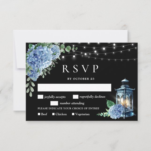 Cartão RSVP Lanterna de Hortênsia Azul Casamento Boho Preto (Frente)