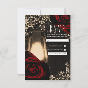 Cartão RSVP Lanterna Rustic Glow e Rosas Vermelhas Escuras RSV
