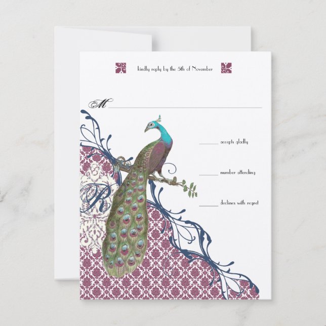 Cartão RSVP Lapis Azul Framboesa Damasco Pavão Casamento (Frente)