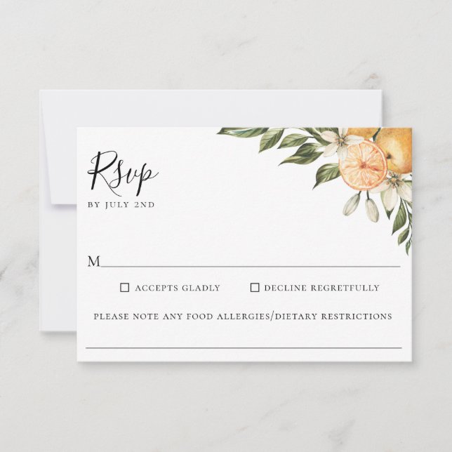 Cartão RSVP Laranja Grove Citrus Alergia de Casamento Comida R (Frente)