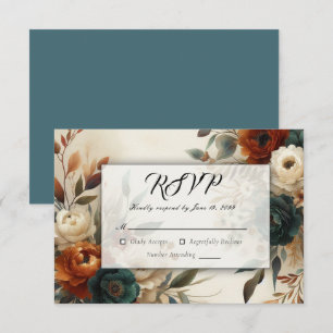 Cartão RSVP Laranja Queimado e Flores de Outono Azuis Casament