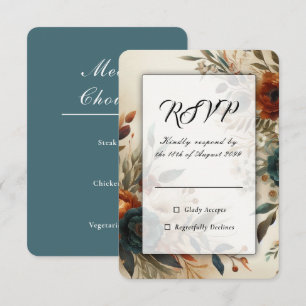 Cartão RSVP Laranja Queimado e Flores de Outono Azuis para Cas