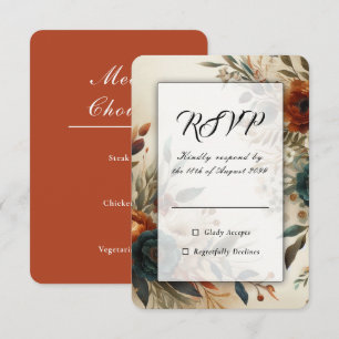 Cartão RSVP Laranja Queimado e Flores de Outono Azuis para Cas