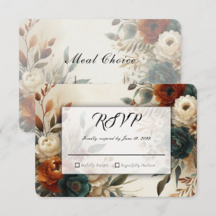 Cartão RSVP Laranja Queimado e Flores de Outono Azuis para Cas