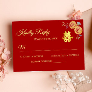 Cartão RSVP Laranja vermelho floral chinês dupla felicidade ca