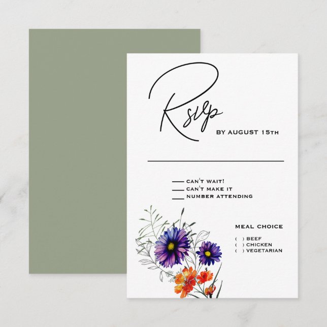 Cartão RSVP Laranja Vibrante e Flores Selvagens Roxas (Frente/Verso)