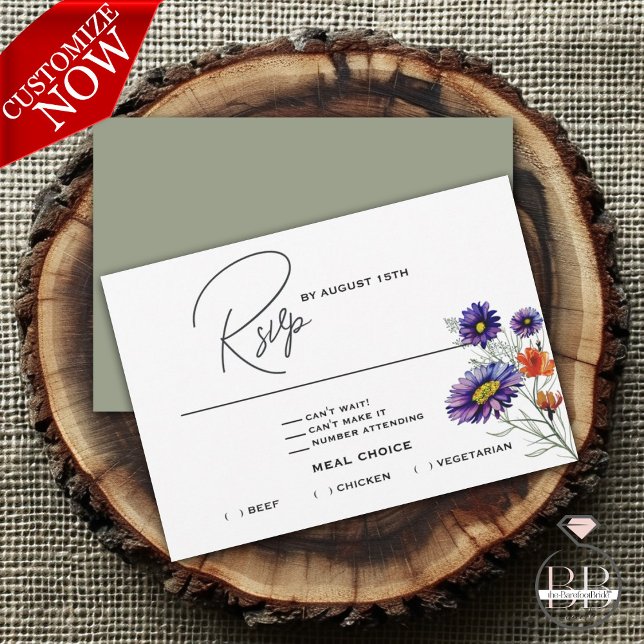 Cartão RSVP Laranja Vibrante e Flores Selvagens Roxas (Easy to customize)