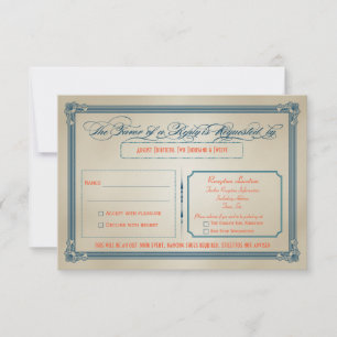 Cartão RSVP Laranja Vintage, Azul Turquesa & Azul Casamento DI
